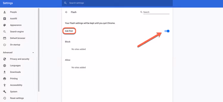 Interruptor do Flash na posição Perguntar primeiro