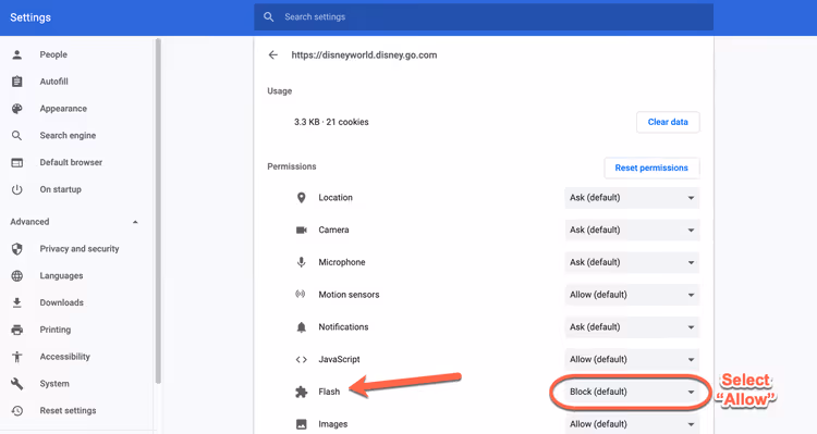 Menu suspenso de permissões do Flash, a selecionar a opção Permitir