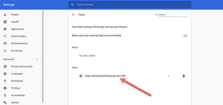 Lista de sites com permissão de Flash ativada nas definições do Chrome
