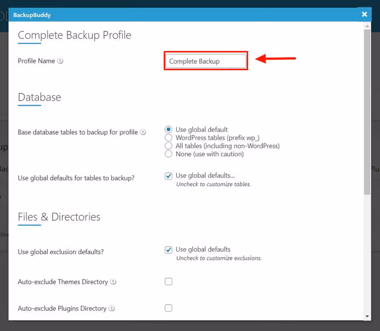 Solid Backups full backup profile settings