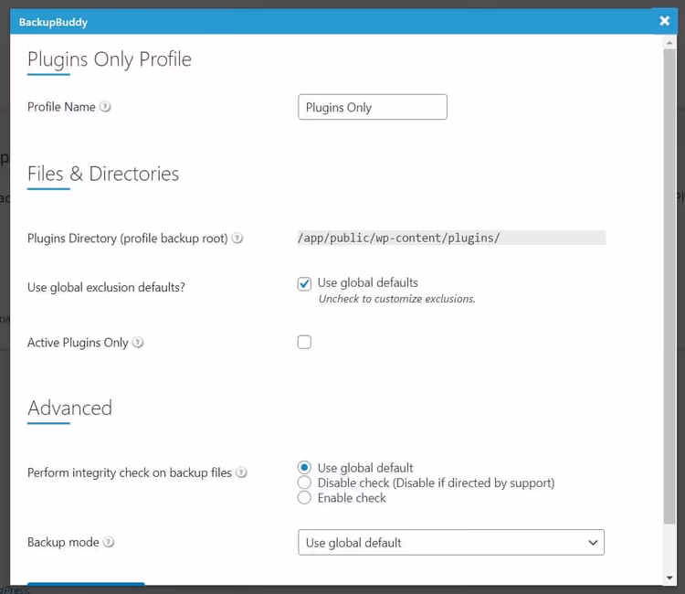 Plugins-only backup profile settings