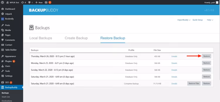 Solid Backups backup list with restore button