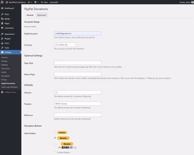 Paramètres de l'extension PayPal Donations dans l'administration WordPress