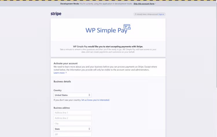 Assistant de connexion Stripe dans l'extension WP Simple Pay