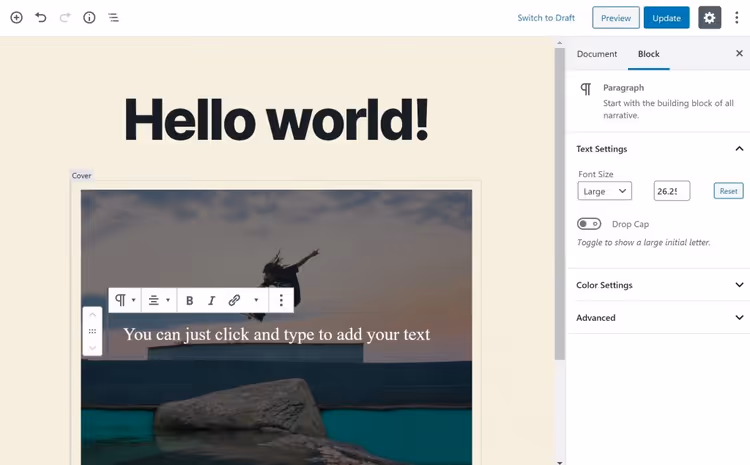 Bloco de capa com texto sobre imagem no editor Gutenberg