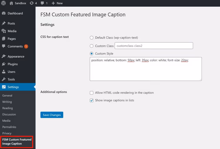 Página de definições do plugin FSM Custom Featured Image Caption
