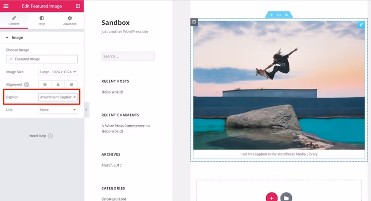 Definições do widget de Imagem Destacada no Construtor de Temas do Elementor