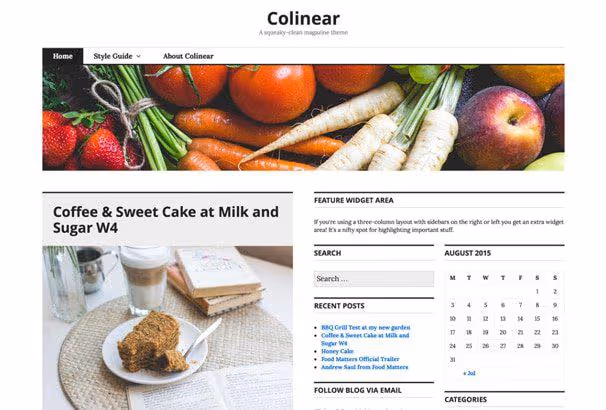 Skärmbild av Colinear-temat med ren blogglayout och sidofält