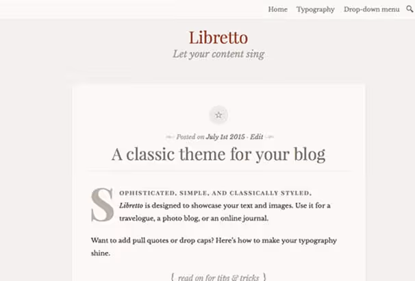 Skärmbild av Libretto-temat med bokliknande layout och elegant typsnitt