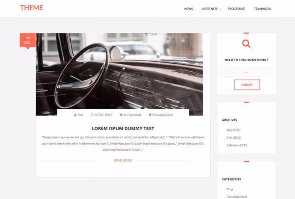 Skärmbild av Plain Blog-temat med högkontrastdesign och ren blogglayout