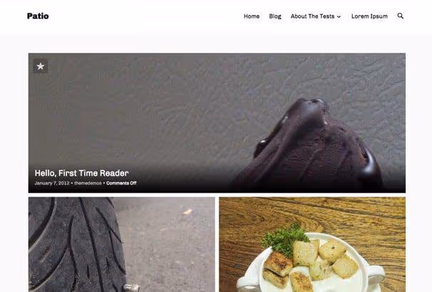 Skärmbild av Patio-temat med fotoblogg och utvalda bilder på startsidan