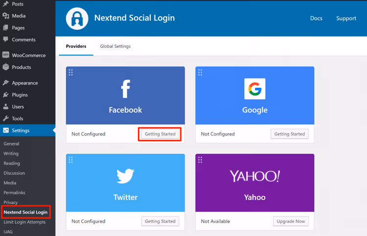 Ecrã inicial de configuração do Facebook no plugin Nextend Social Login