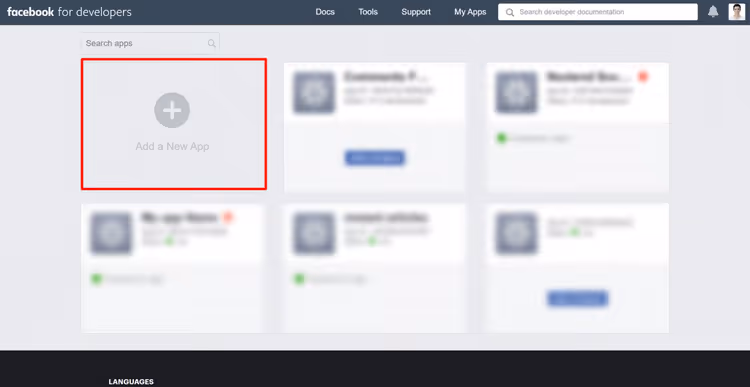 Botão para criar uma nova app na consola de programadores do Facebook