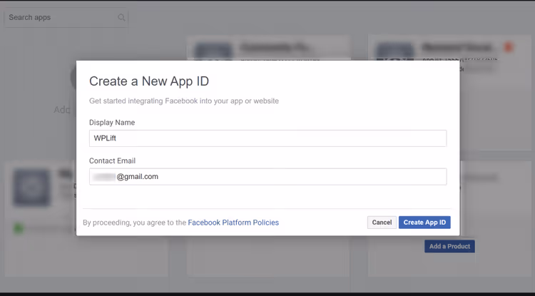 Formulário para introduzir o nome da app e o email de contacto no Meta for Developers