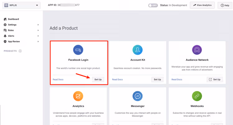 Configuração do produto Facebook Login no painel da app