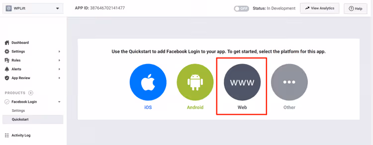 Seleção da plataforma Web para o Facebook Login