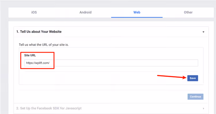 Adicionar o URL do site nas definições do Facebook Login