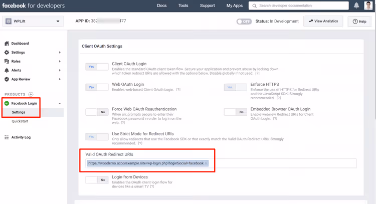 Campo URIs de redirecionamento OAuth válidos nas definições do Facebook Login