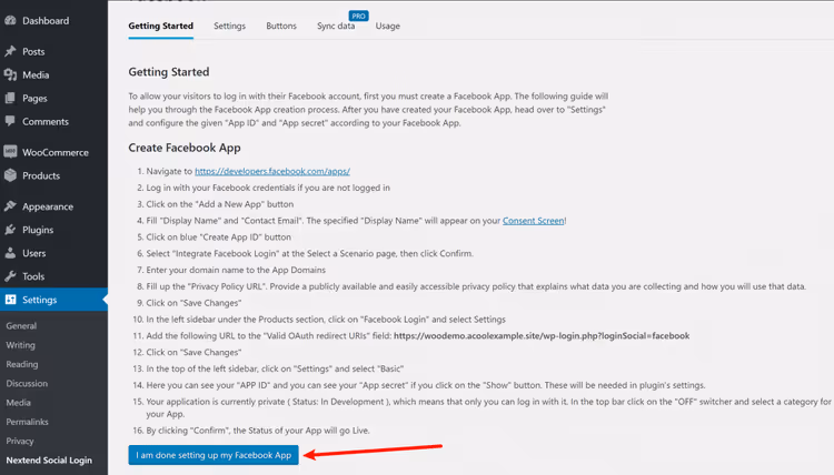Botão para concluir a configuração da app do Facebook no plugin Nextend