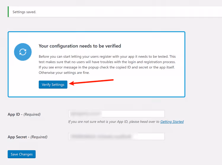 Botão para verificar as definições do Facebook no plugin Nextend Social Login