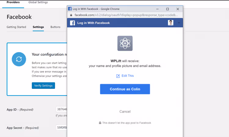 Janela de autorização do Facebook ao verificar as definições