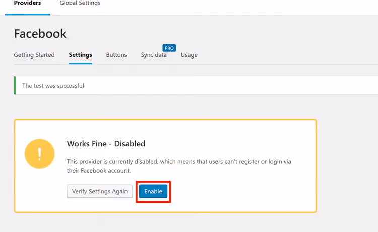 Botão para ativar o login social do Facebook no plugin