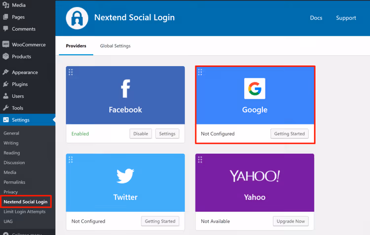 Ecrã inicial de configuração do Google no plugin Nextend Social Login