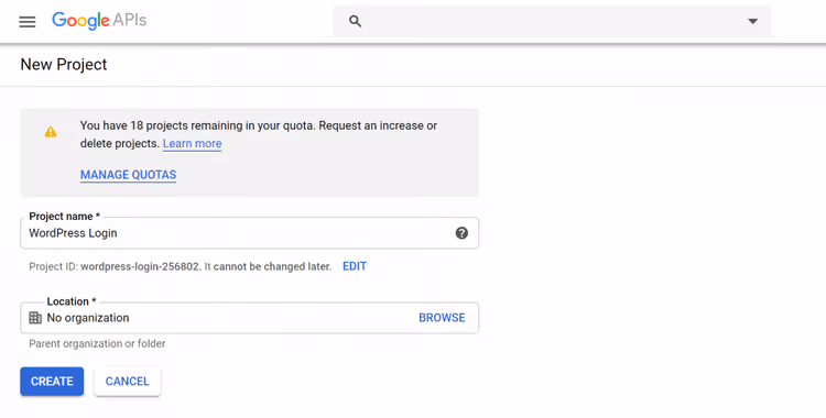 Criação de um novo projeto na Google Cloud Console
