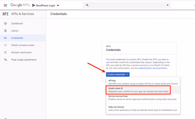 Criação do ID de cliente OAuth na secção Credenciais do Google Cloud