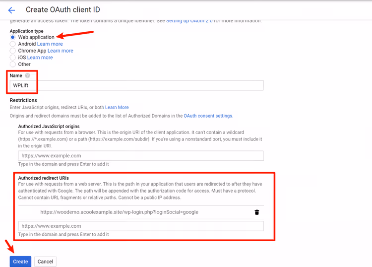 Formulário de criação de ID de cliente OAuth com o tipo Aplicação Web