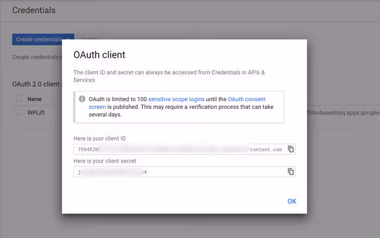 Janela com o ID de Cliente e a Chave Secreta de Cliente após criar o cliente OAuth