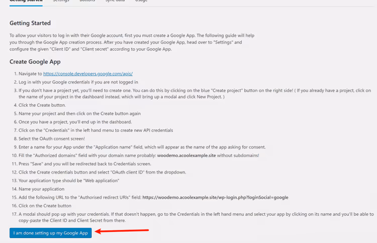 Botão para concluir a configuração da app do Google no plugin Nextend