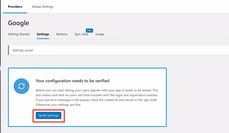 Botão para verificar as definições do Google no plugin Nextend Social Login