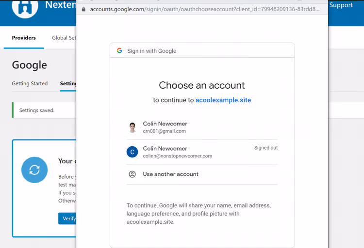 Janela de autorização do Google ao verificar as definições
