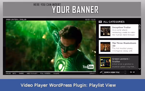Lecteur vidéo HTML5 avec panneau de playlist latéral sur site WordPress