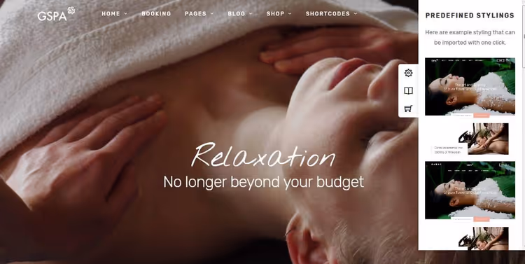 Grand Spa theme home screen with full-page photo and transparent menu