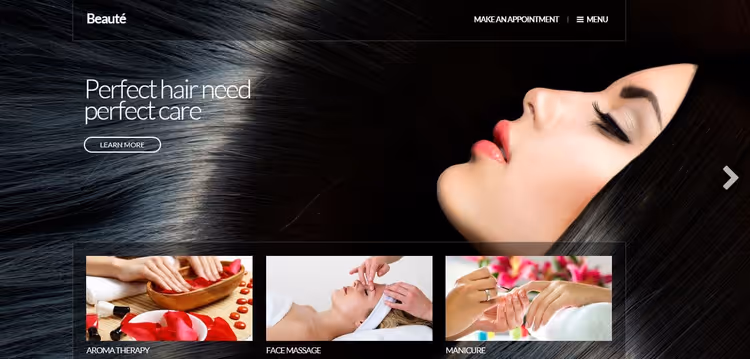 Beauté theme home page with full-screen spa treatment slider