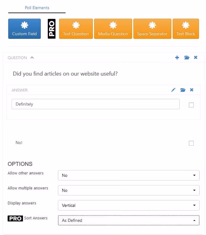 Добавление вопросов и ответов в опрос YOP Poll