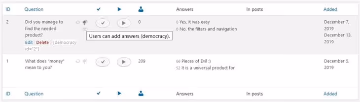 Быстрый просмотр опций опроса в Democracy Poll