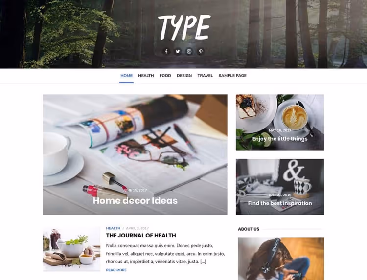 Type, theme with 4 header variants and 3 layouts