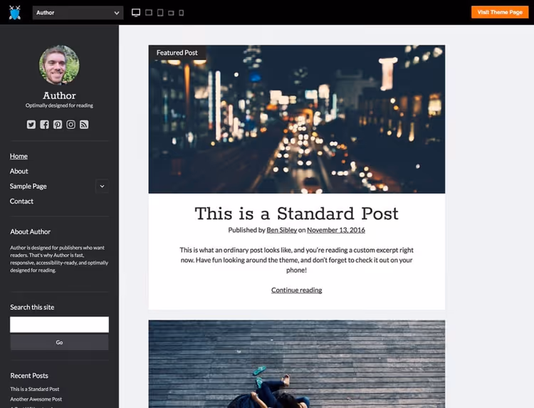 Author, two-color theme with dark sidebar