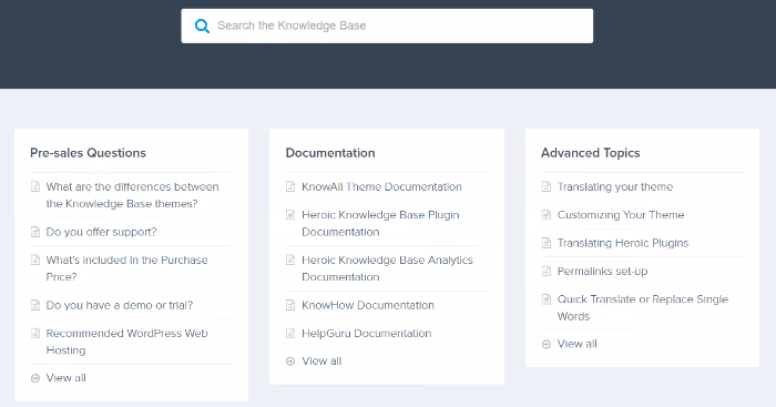 Heroic KB search and category interface