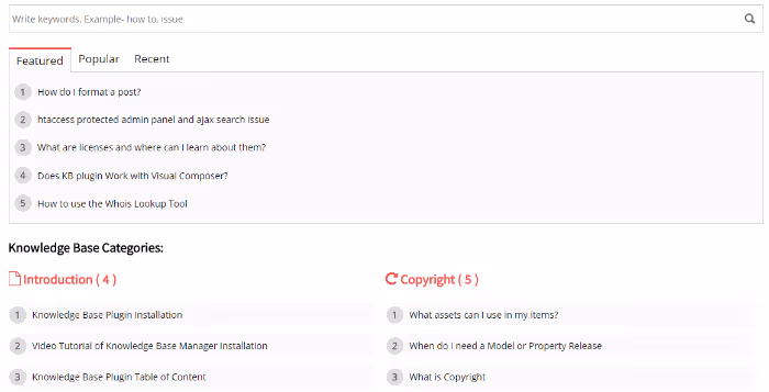BWL Knowledge Base Manager search form and categories