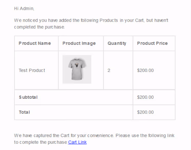 Grensesnitt for konfigurasjon av e-postmal for WooCommerce Recover Abandoned Cart