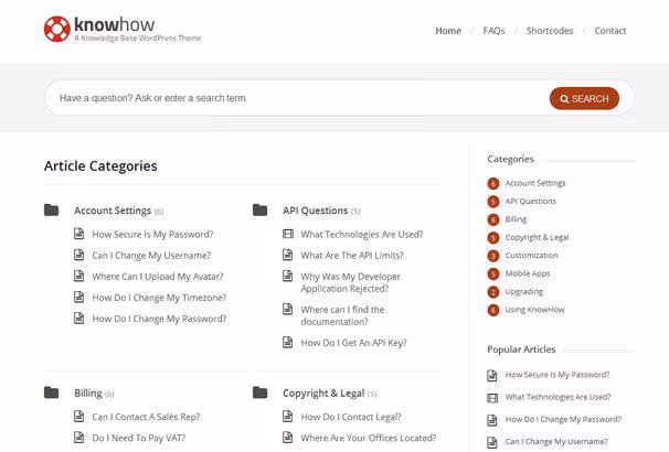 Интерфейс темы KnowHow с поиском и категориями базы знаний