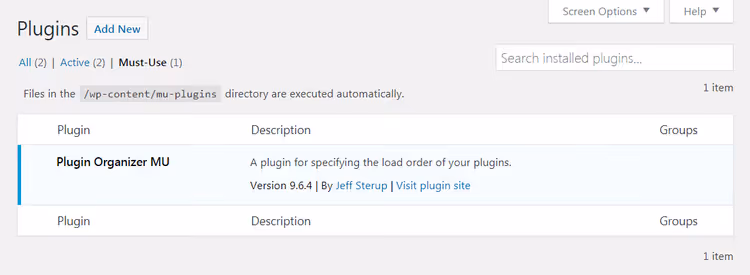 Вкладка Must-Use плагінів з Plugin Organizer MU в адмінці WordPress