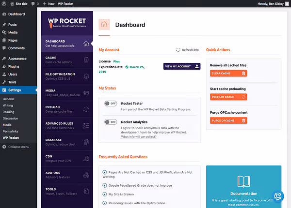 WP Rockets huvudinstrumentpanel med cache-inställningar