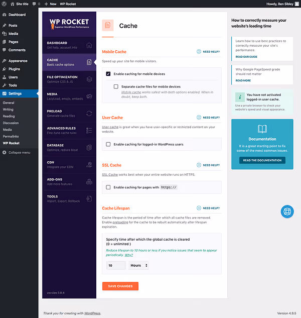 WP Rockets grundläggande cache-inställningar med alternativ för användare och SSL