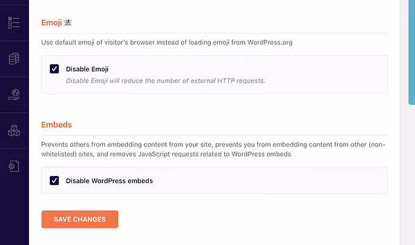 Inställningar för att inaktivera WordPress-emojis och inbäddningar i WP Rocket