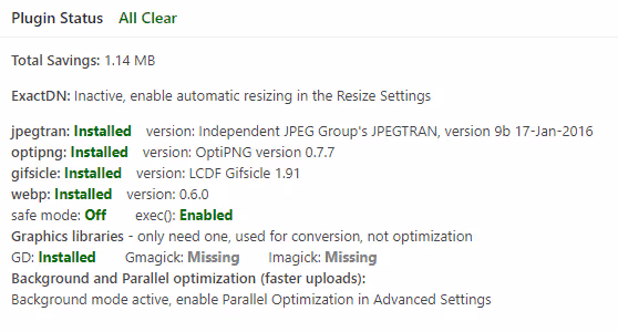 Stato plugin EWWW, verifica compatibilità server